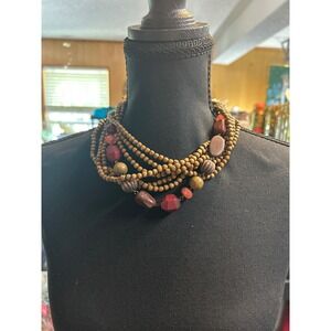 Boho Multi Strand Wood Bead Statement Necklace Brown Red Mixed Beads